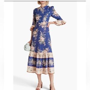 Zimmermann Blue Floral Long Sleeve Maxi Dress with Cream Trim
